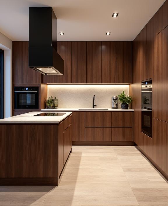 Et moderne, skreddersydd kjøkken i mørk eik.