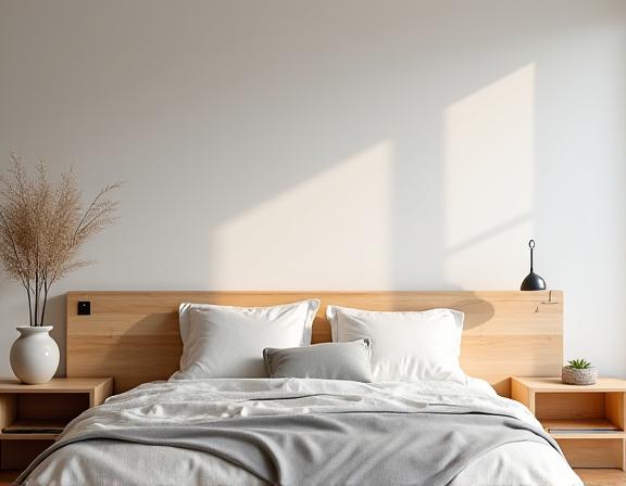 Et rolig soverom med en sengegavl og nattbord i lys bjørk.