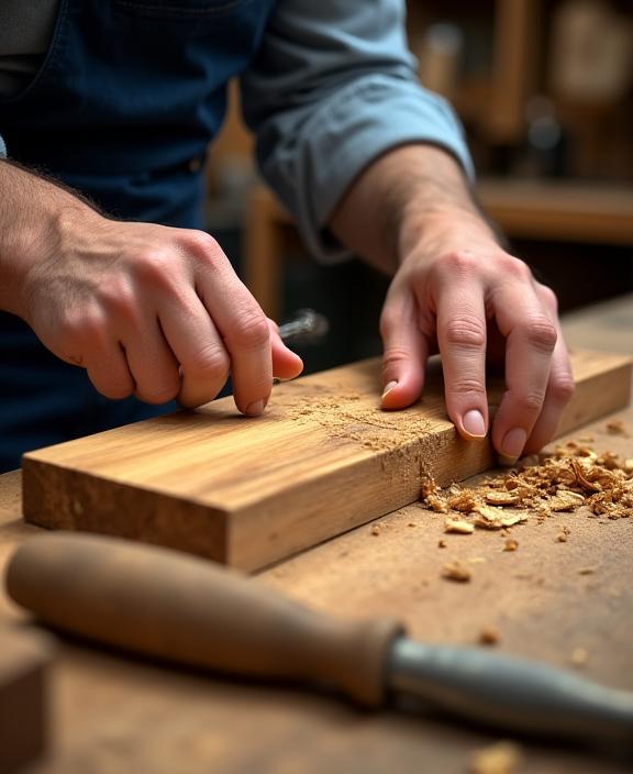 Nærbilde av en håndverker som jobber med et stykke heltre eik.