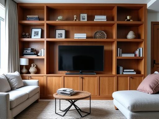 En skreddersydd bokhylle i heltre installert i en stue.