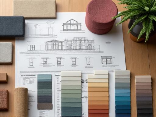 En fargepalett og materialprøver lagt ut på et designbord.