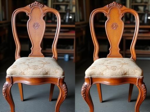 En antikk stol, halvt restaurert for å vise forskjellen.